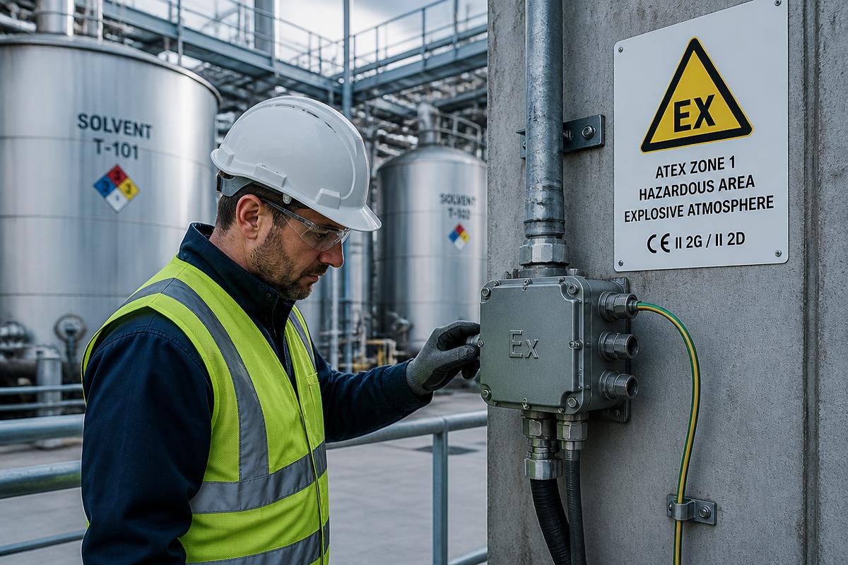 Solvent tanklarının yanında Ex-proof buat ve ATEX zon uyarı levhasının sahada incelenmesi
